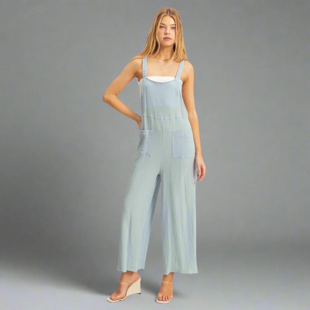 Only 4 left  - Brand New LIGHT BLUE DOUBLE GAUZE POCKET OVERALL JUMPSUIT